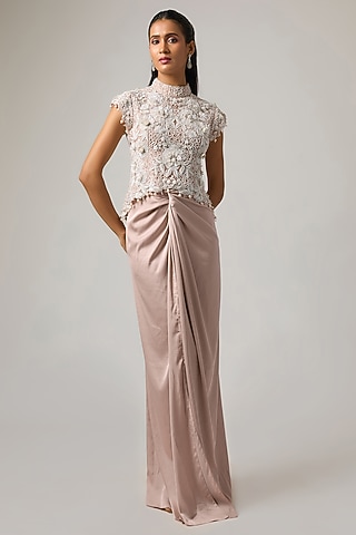 Pink Pure Satin Draped Skirt Set by ISTYA