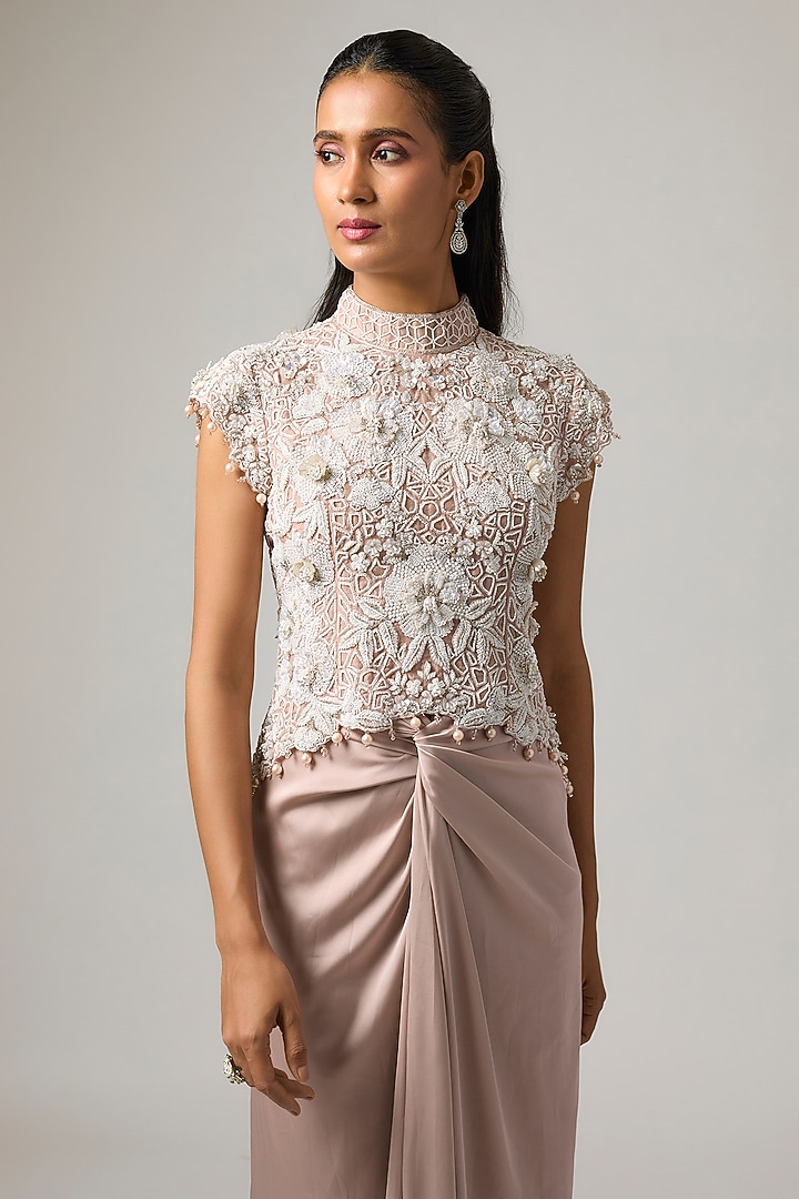 Pink Pure Satin Draped Skirt Set by ISTYA at Pernia's Pop Up Shop