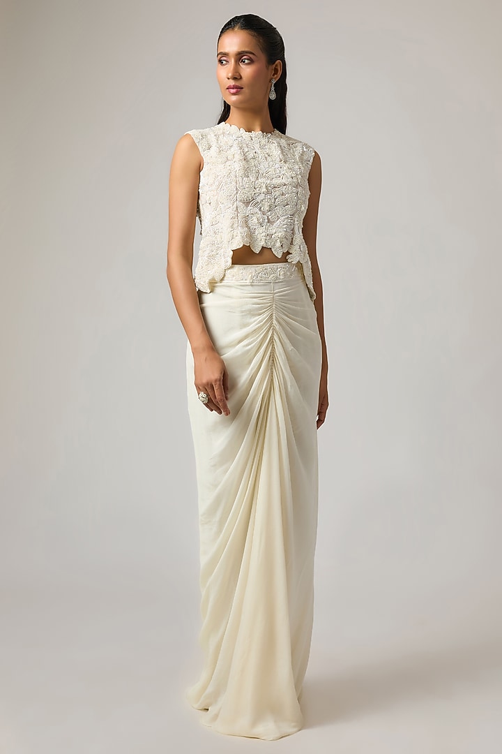 Ivory Pure Satin Draped Skirt Set by ISTYA at Pernia's Pop Up Shop