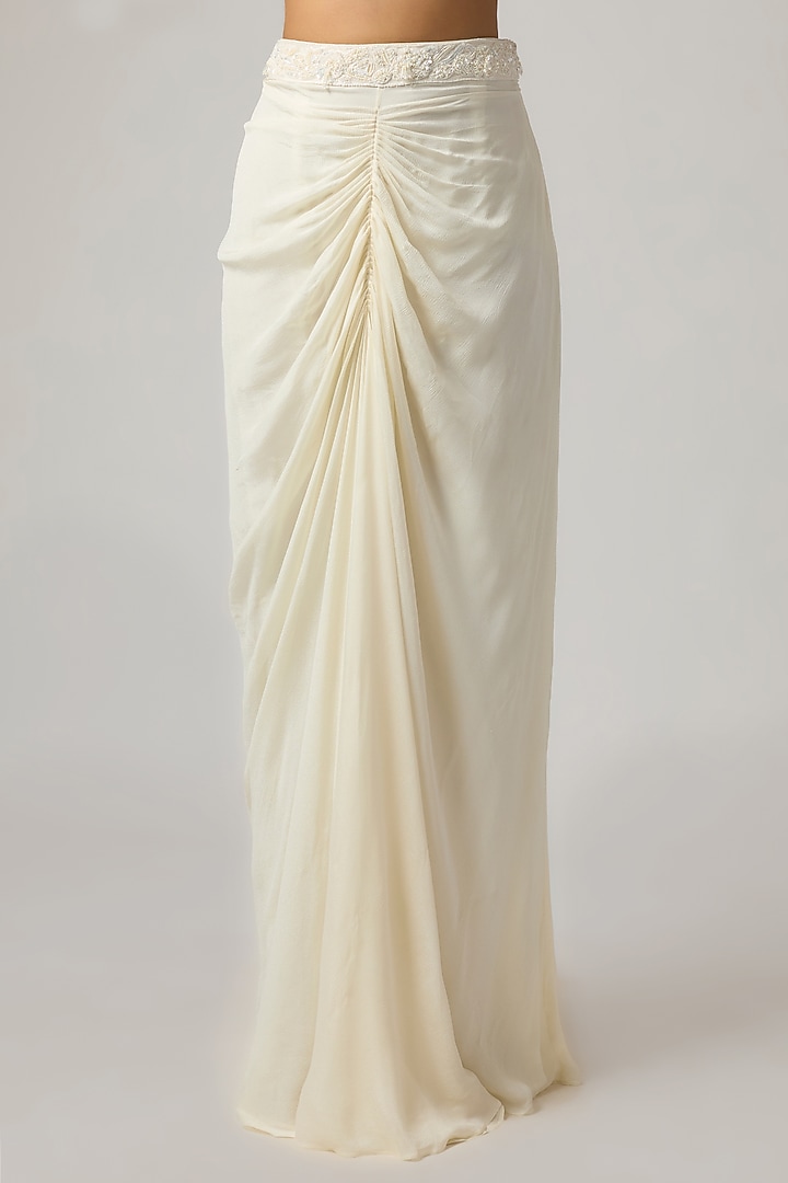 Ivory Pure Satin Draped Skirt Set by ISTYA at Pernia's Pop Up Shop