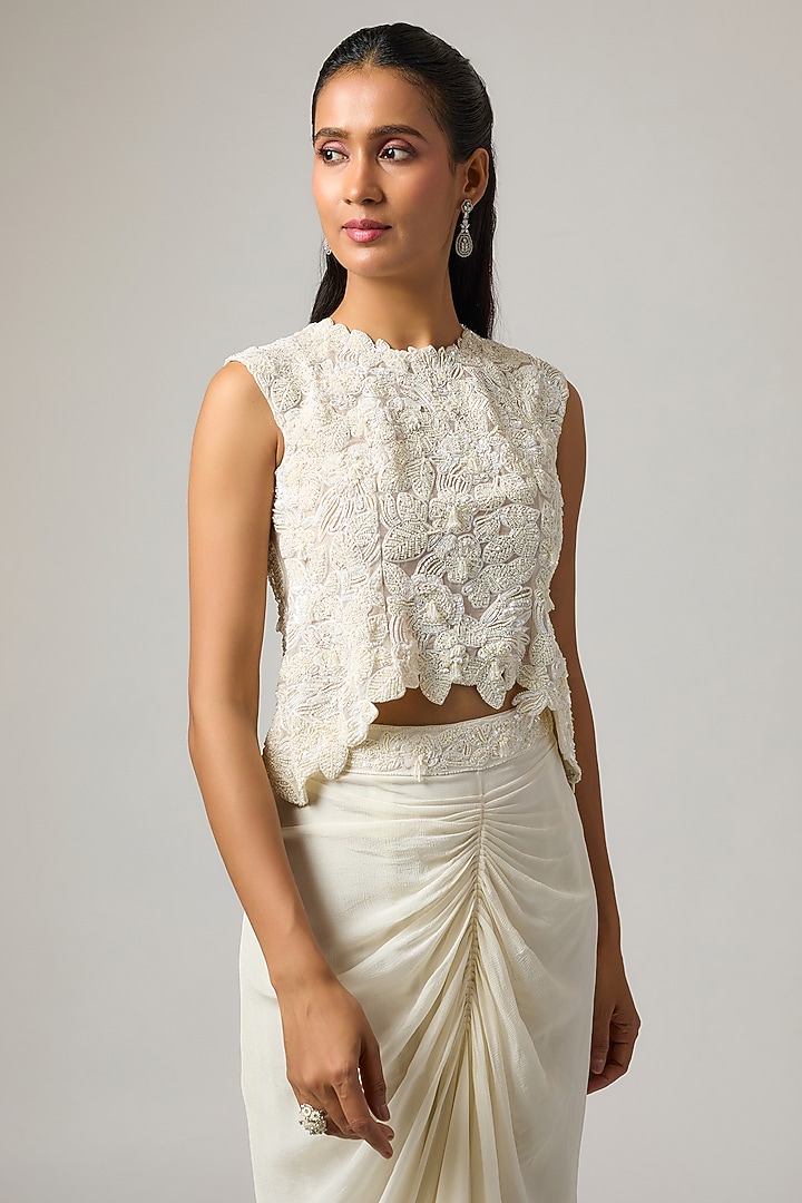 Ivory Pure Satin Draped Skirt Set by ISTYA at Pernia's Pop Up Shop