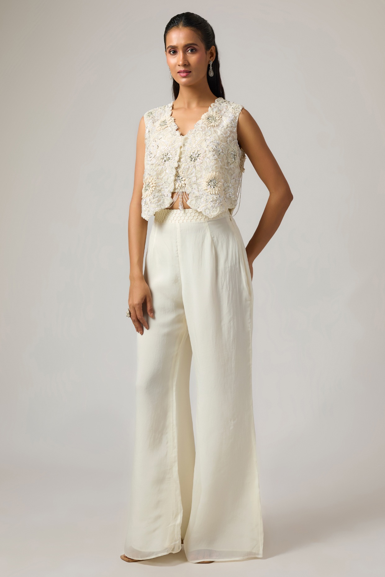 ISTYA Ivory Organza 3D Hand Embroidered Jacket Set