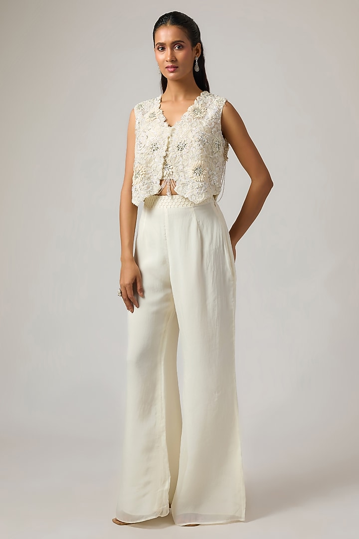 Ivory Organza 3D Hand Embroidered Jacket Set by ISTYA at Pernia's Pop Up Shop