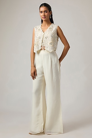 Ivory Organza 3D Hand Embroidered Jacket Set by ISTYA