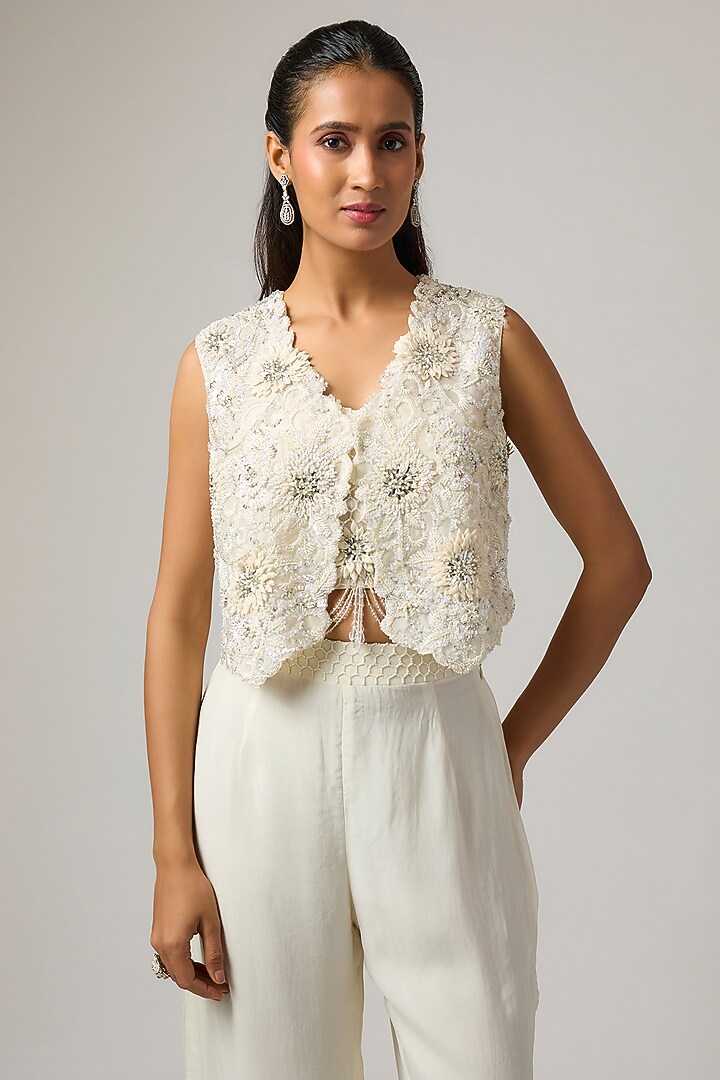 Ivory Organza 3D Hand Embroidered Jacket Set by ISTYA at Pernia's Pop Up Shop