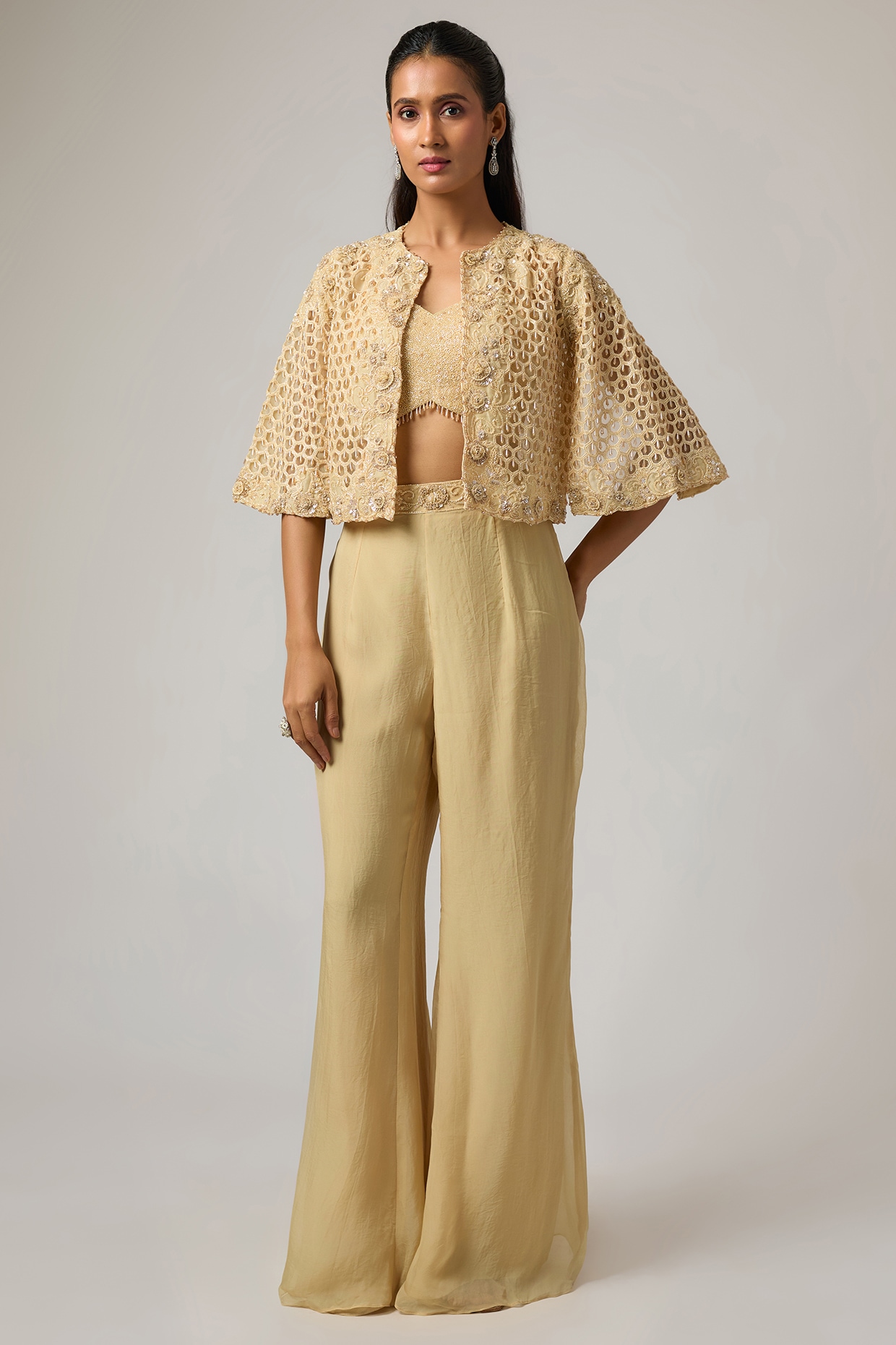 ISTYA Beige Organza Cutwork Jacket Set