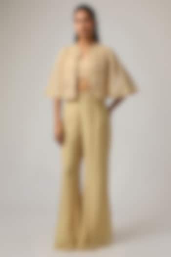 Beige Organza Cutwork Jacket Set by ISTYA at Pernia's Pop Up Shop