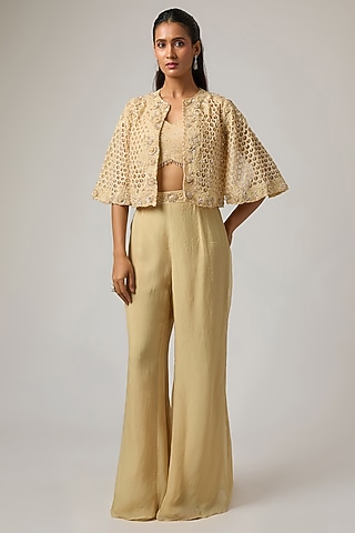Beige Organza Cutwork Jacket Set by ISTYA