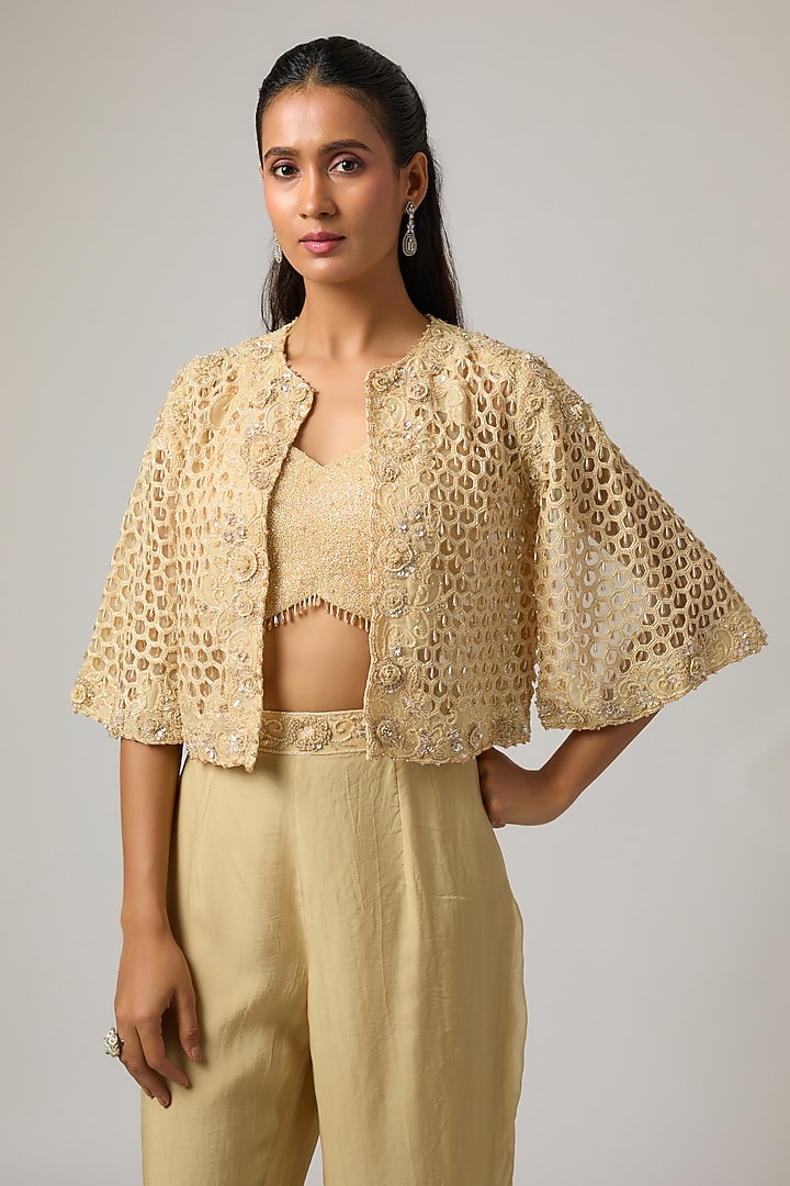 Beige Organza Cutwork Jacket Set by ISTYA at Pernia's Pop Up Shop