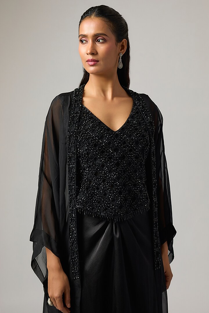 Black Organza Crystal Work Jacket Set by ISTYA at Pernia's Pop Up Shop