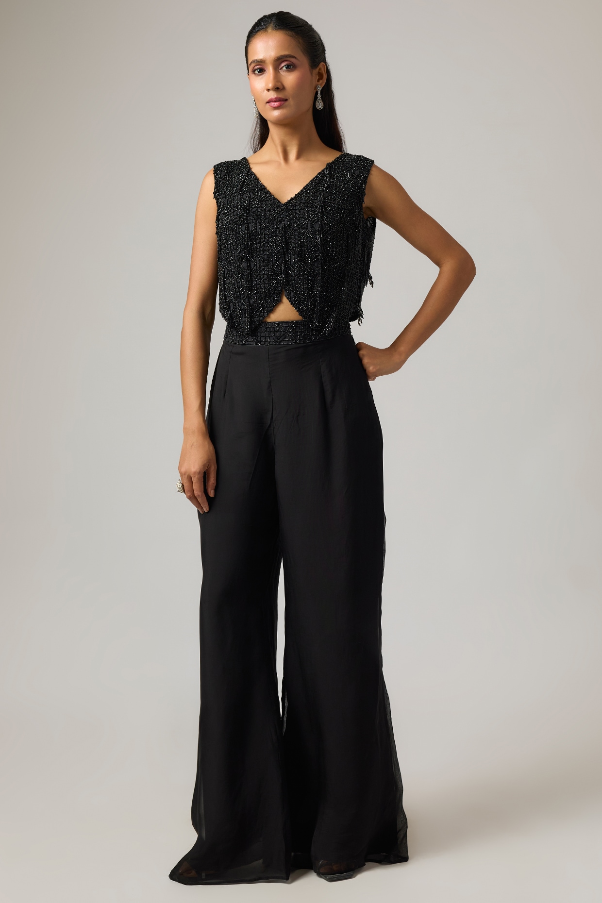 ISTYA Black Organza Crystal Hand Embroidered Jacket Set
