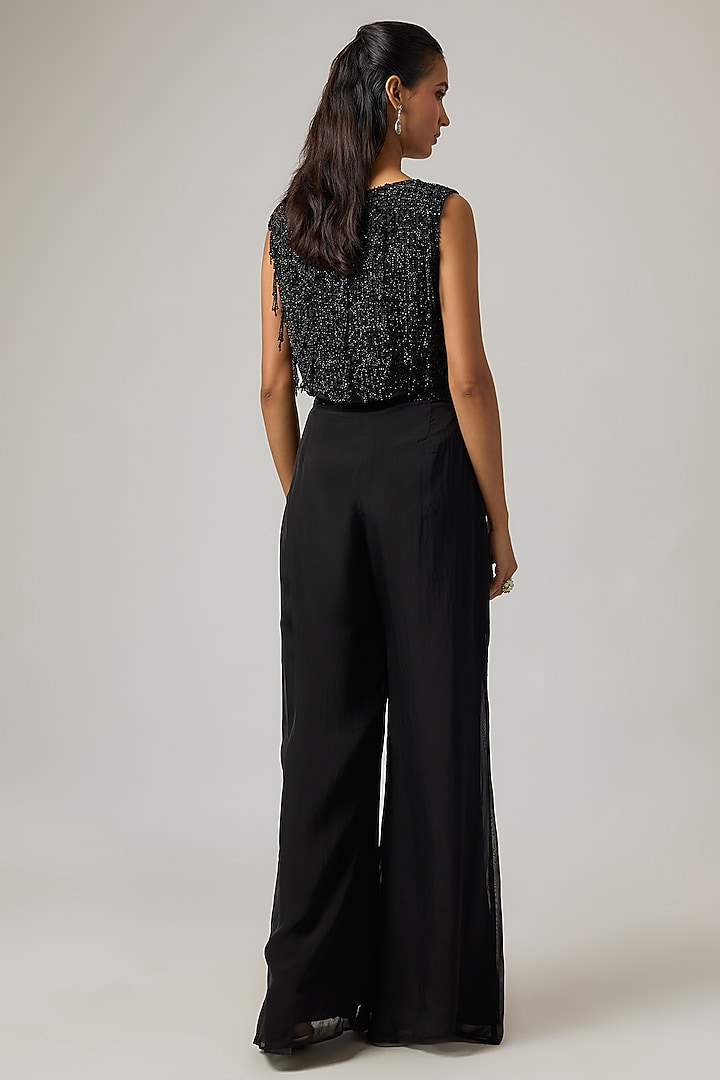 Black Organza Crystal Hand Embroidered Jacket Set by ISTYA at Pernia's Pop Up Shop
