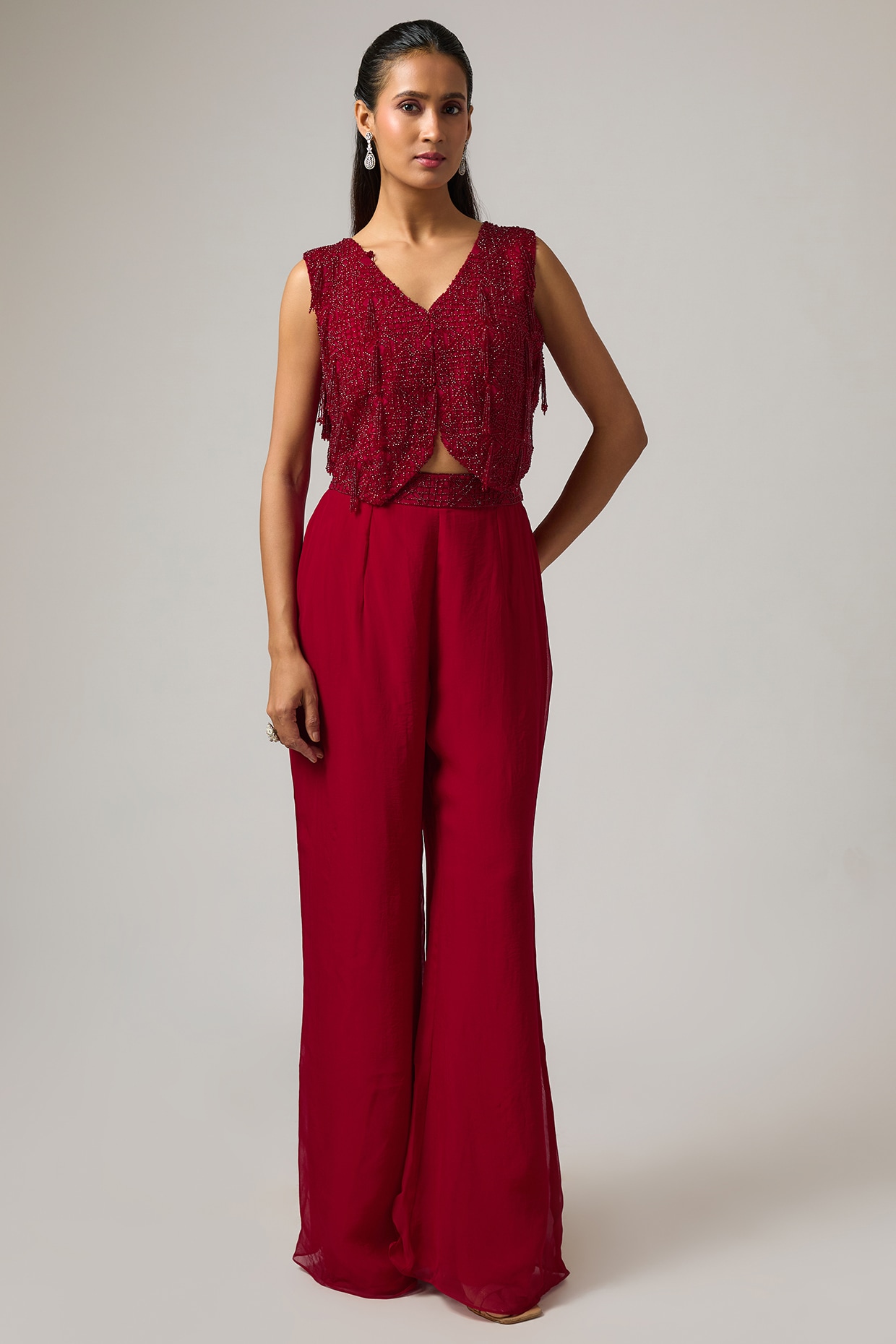 ISTYA Red Organza Crystal Hand Embroidered Jacket Set