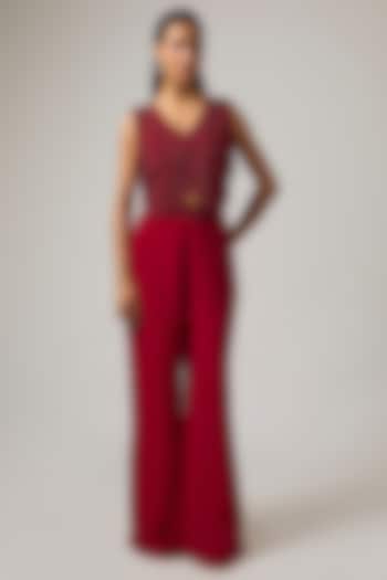 Red Organza Crystal Hand Embroidered Jacket Set by ISTYA at Pernia's Pop Up Shop
