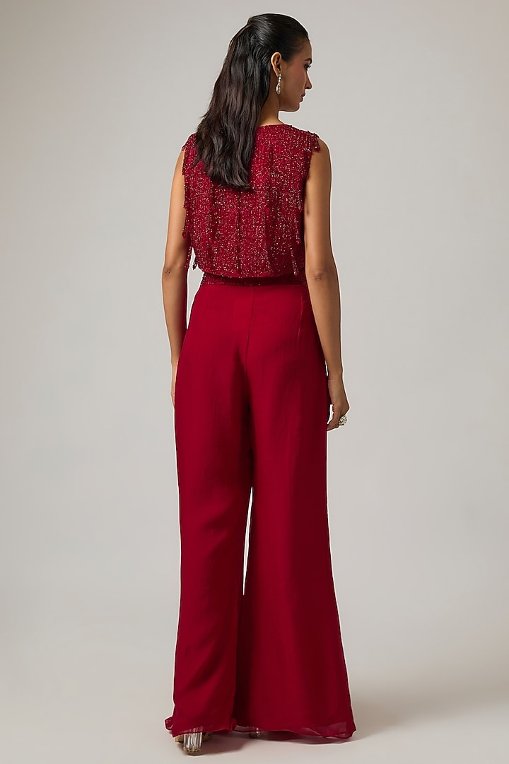 Red Organza Crystal Hand Embroidered Jacket Set by ISTYA at Pernia's Pop Up Shop