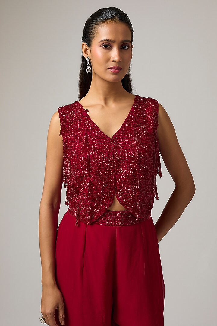 Red Organza Crystal Hand Embroidered Jacket Set by ISTYA at Pernia's Pop Up Shop