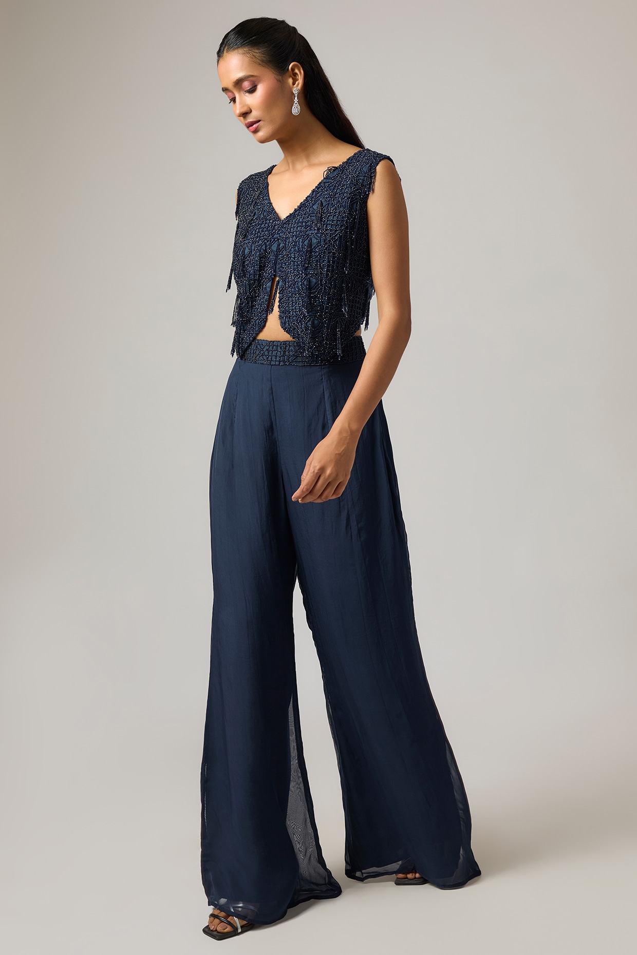 ISTYA Navy Organza Crystal Hand Embroidered Jacket Set