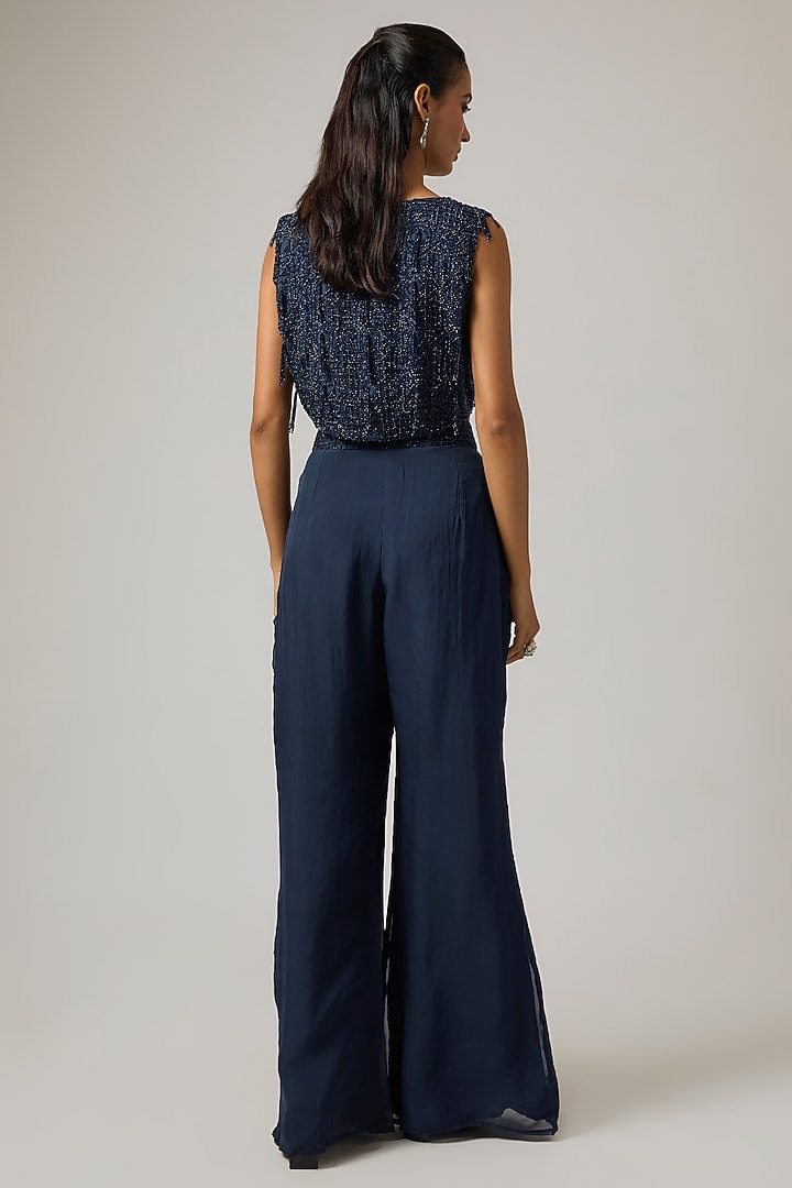 Navy Organza Crystal Hand Embroidered Jacket Set by ISTYA at Pernia's Pop Up Shop