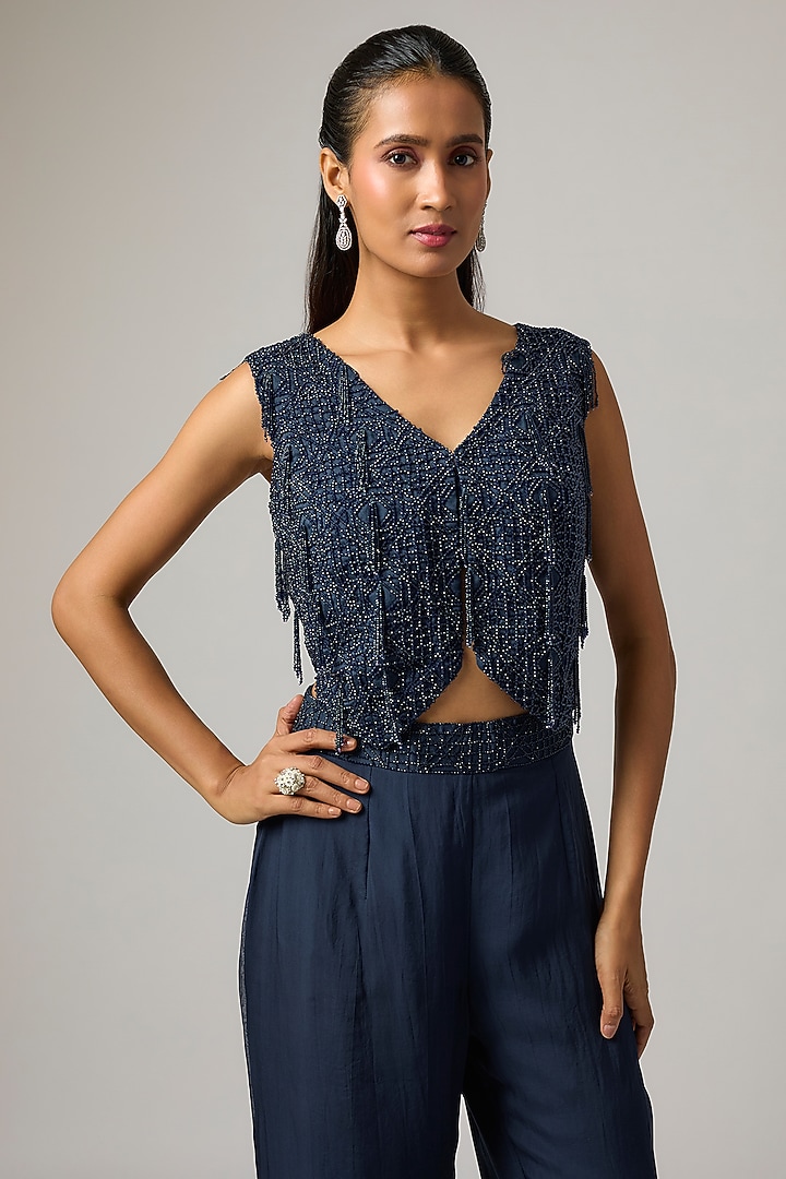Navy Organza Crystal Hand Embroidered Jacket Set by ISTYA at Pernia's Pop Up Shop
