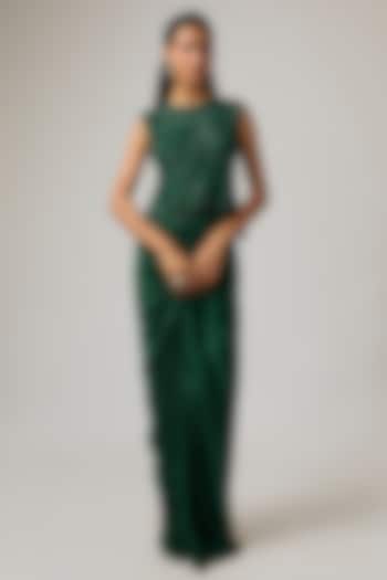 Emerald Green Pure Satin Draped Skirt Set by ISTYA at Pernia's Pop Up Shop