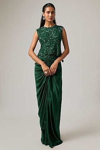 Emerald Green Pure Satin Draped Skirt Set by ISTYA