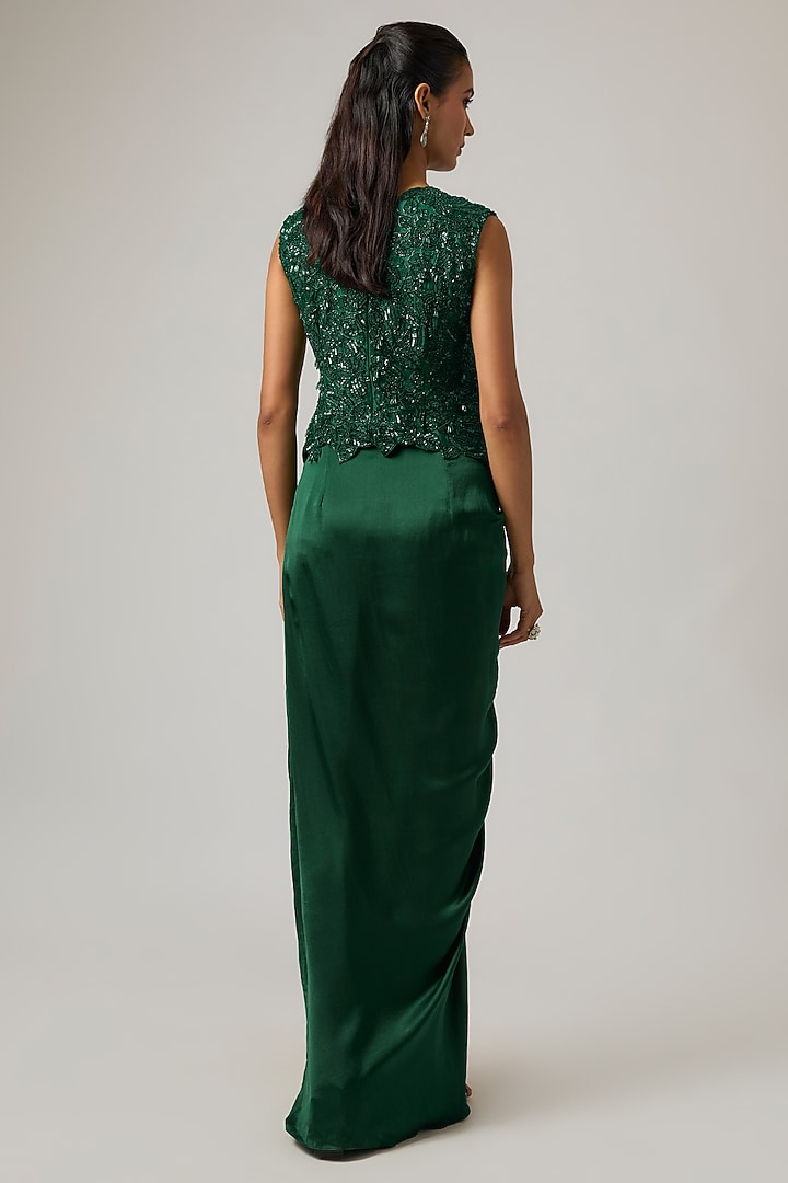 Emerald Green Pure Satin Draped Skirt Set by ISTYA at Pernia's Pop Up Shop