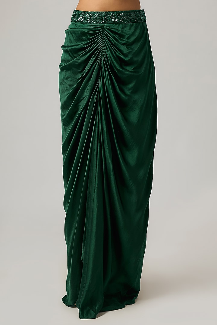 Emerald Green Pure Satin Draped Skirt Set by ISTYA at Pernia's Pop Up Shop
