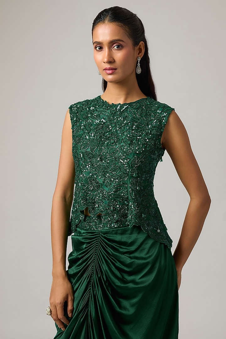 Emerald Green Pure Satin Draped Skirt Set by ISTYA at Pernia's Pop Up Shop