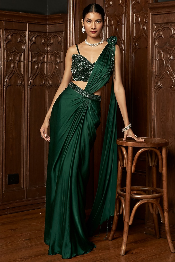 Emerald Green Satin Draped Wedding Saree Set by ISTYA at Pernia's Pop Up Shop