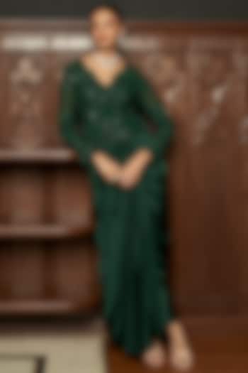 Emerald Green Satin Draped Skirt Set by ISTYA at Pernia's Pop Up Shop