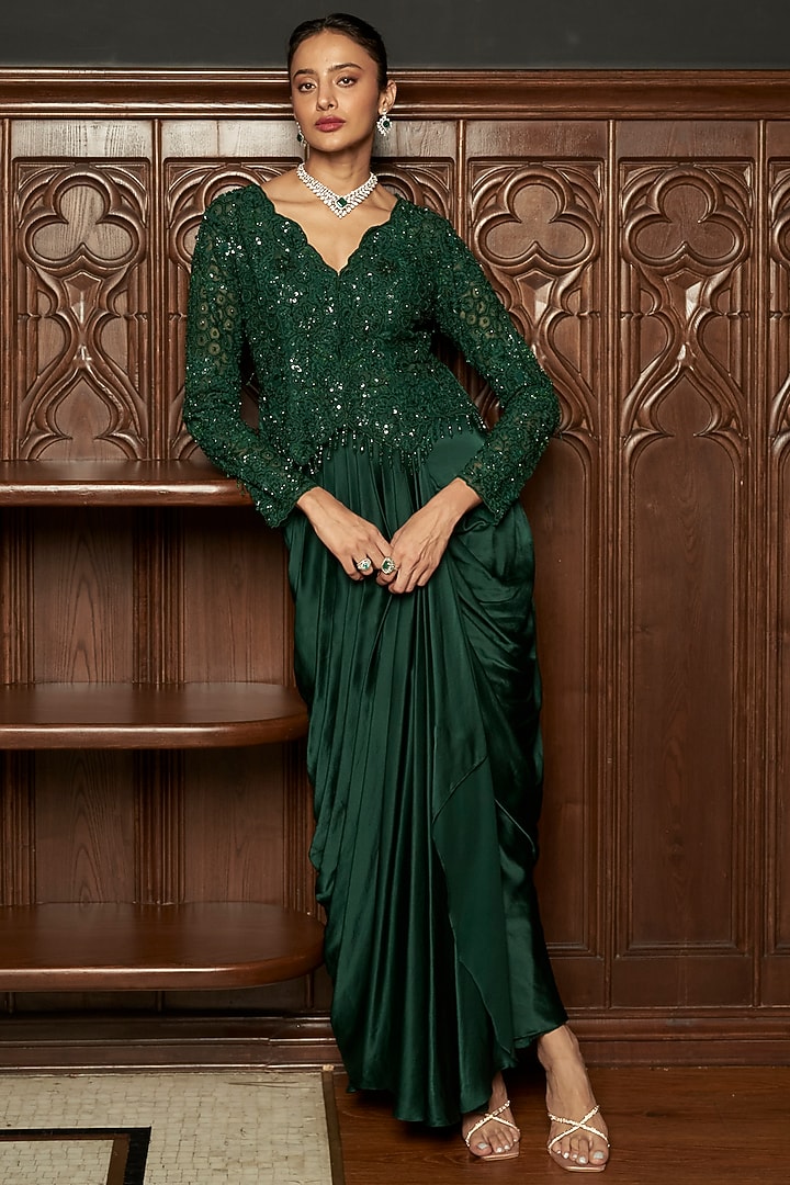 Emerald Green Satin Draped Skirt Set by ISTYA at Pernia's Pop Up Shop
