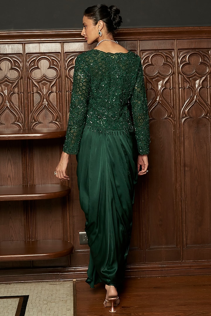 Emerald Green Satin Draped Skirt Set by ISTYA at Pernia's Pop Up Shop