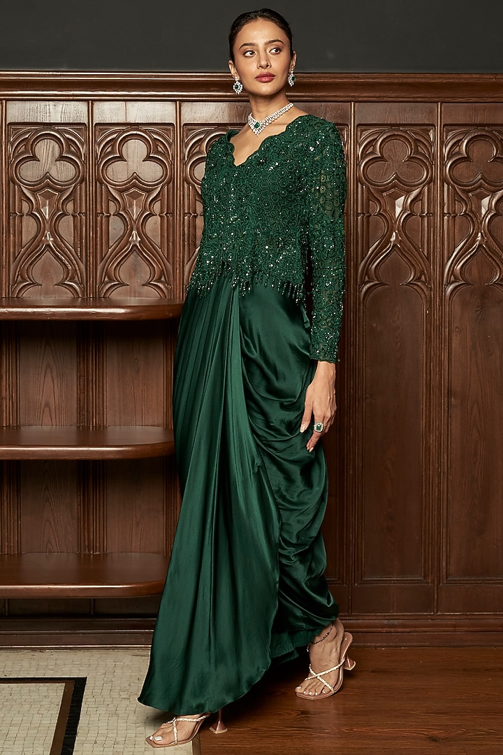 Emerald Green Satin Draped Skirt Set by ISTYA at Pernia's Pop Up Shop