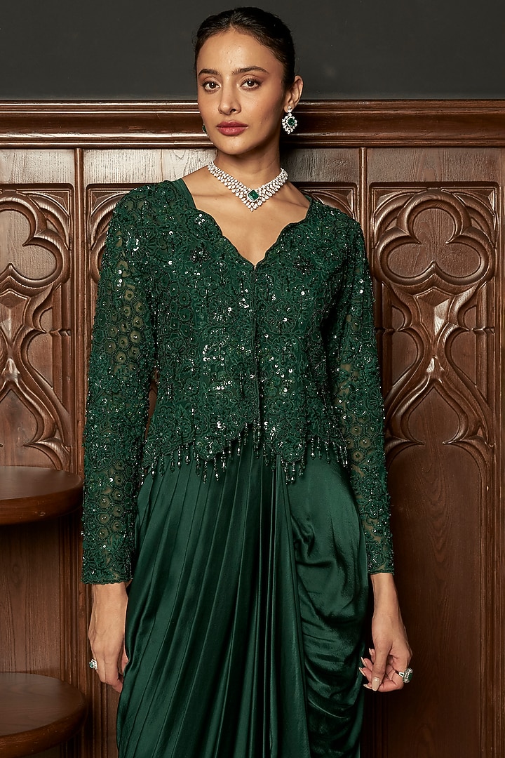 Emerald Green Satin Draped Skirt Set by ISTYA at Pernia's Pop Up Shop
