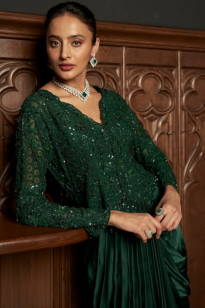 Emerald Green Satin Draped Skirt Set by ISTYA at Pernia's Pop Up Shop