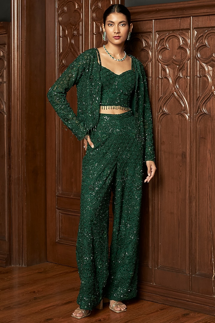 Emerald Green Net Bead Embroidered Jacket Set by ISTYA at Pernia's Pop Up Shop