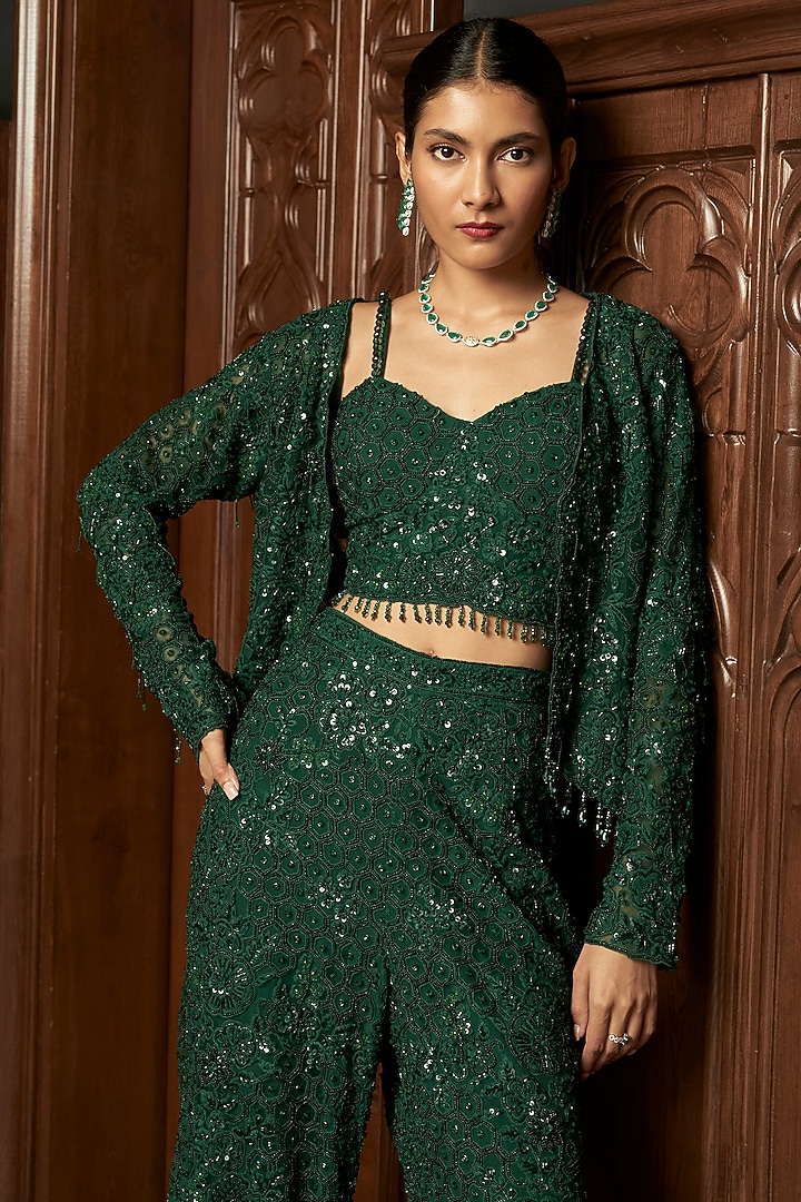 Emerald Green Net Bead Embroidered Jacket Set by ISTYA at Pernia's Pop Up Shop