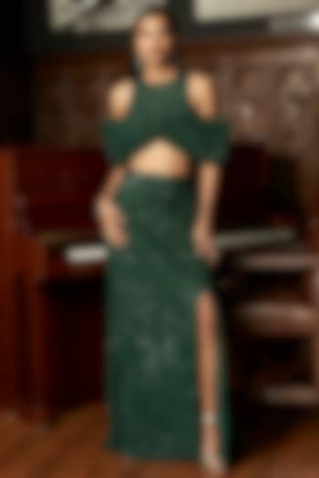 Emerald Green Net Embroidered Skirt Set by ISTYA at Pernia's Pop Up Shop
