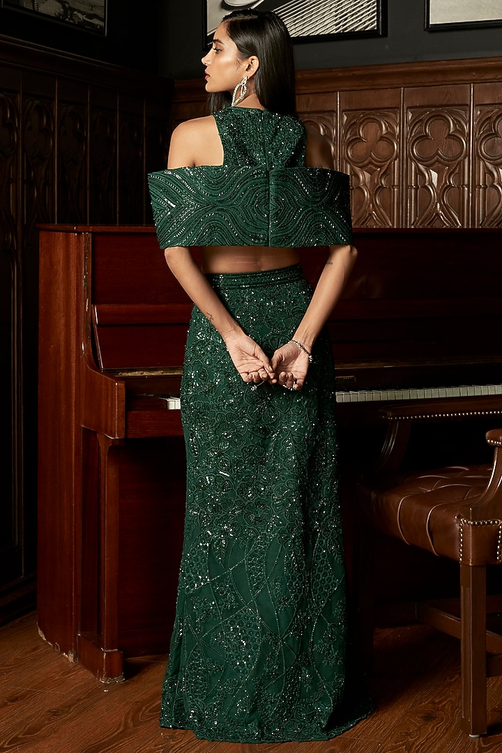 Emerald Green Net Embroidered Skirt Set by ISTYA at Pernia's Pop Up Shop