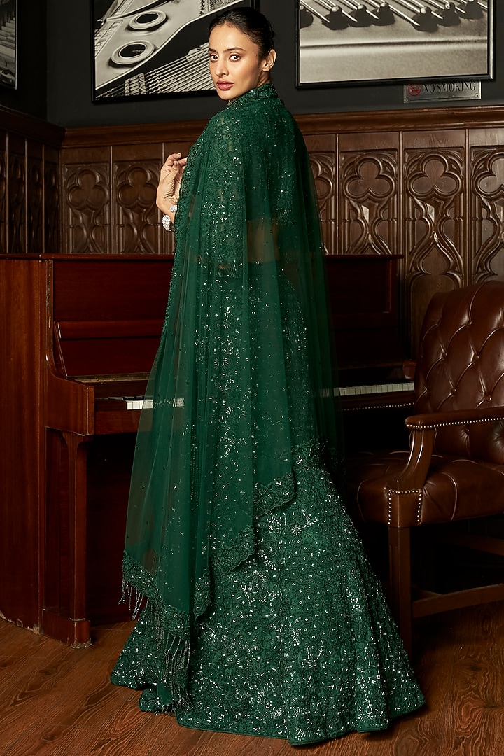 Emerald Green Net Sequins Embroidered Fish-Cut Bridal Lehenga Set by ISTYA at Pernia's Pop Up Shop