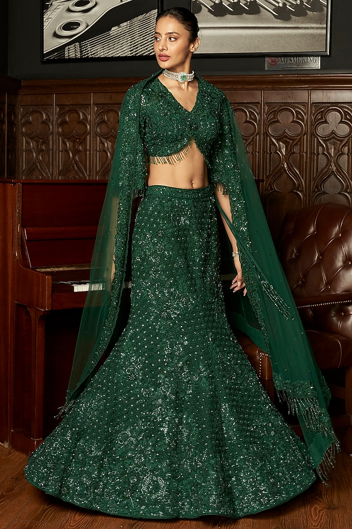 Emerald Green Net Sequins Embroidered Fish-Cut Bridal Lehenga Set by ISTYA at Pernia's Pop Up Shop