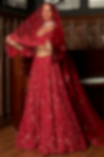 Red Net Sequins Embroidered Bridal Lehenga Set by ISTYA at Pernia's Pop Up Shop