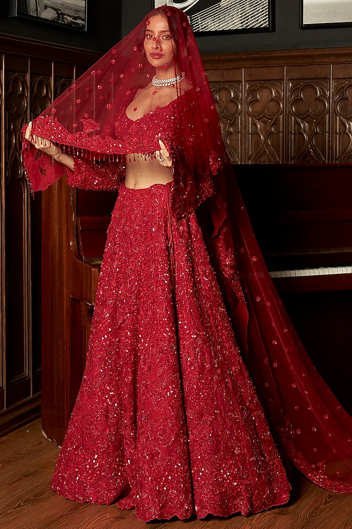 Red Net Sequins Embroidered Bridal Lehenga Set by ISTYA at Pernia's Pop Up Shop