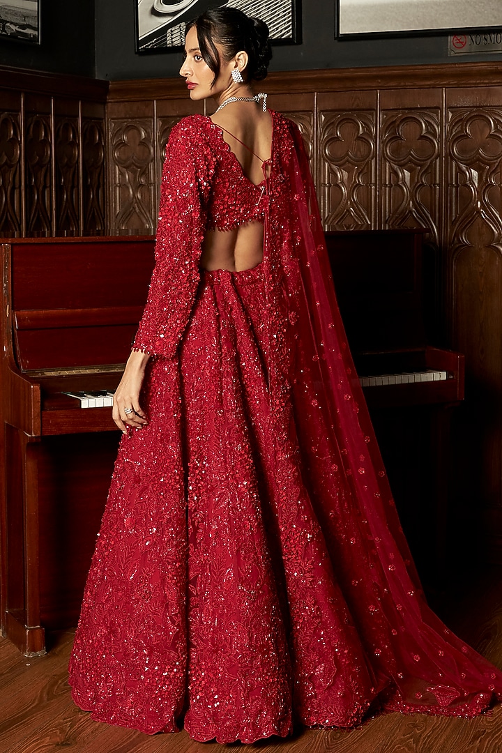 Red Net Sequins Embroidered Bridal Lehenga Set by ISTYA at Pernia's Pop Up Shop