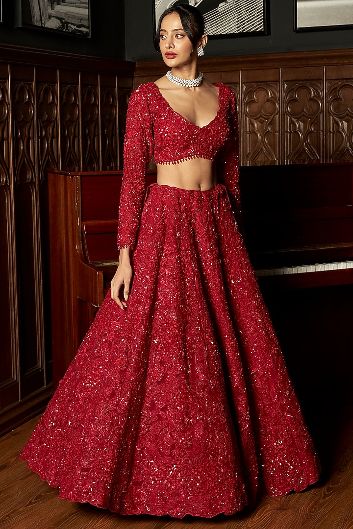 Red Net Sequins Embroidered Bridal Lehenga Set by ISTYA at Pernia's Pop Up Shop