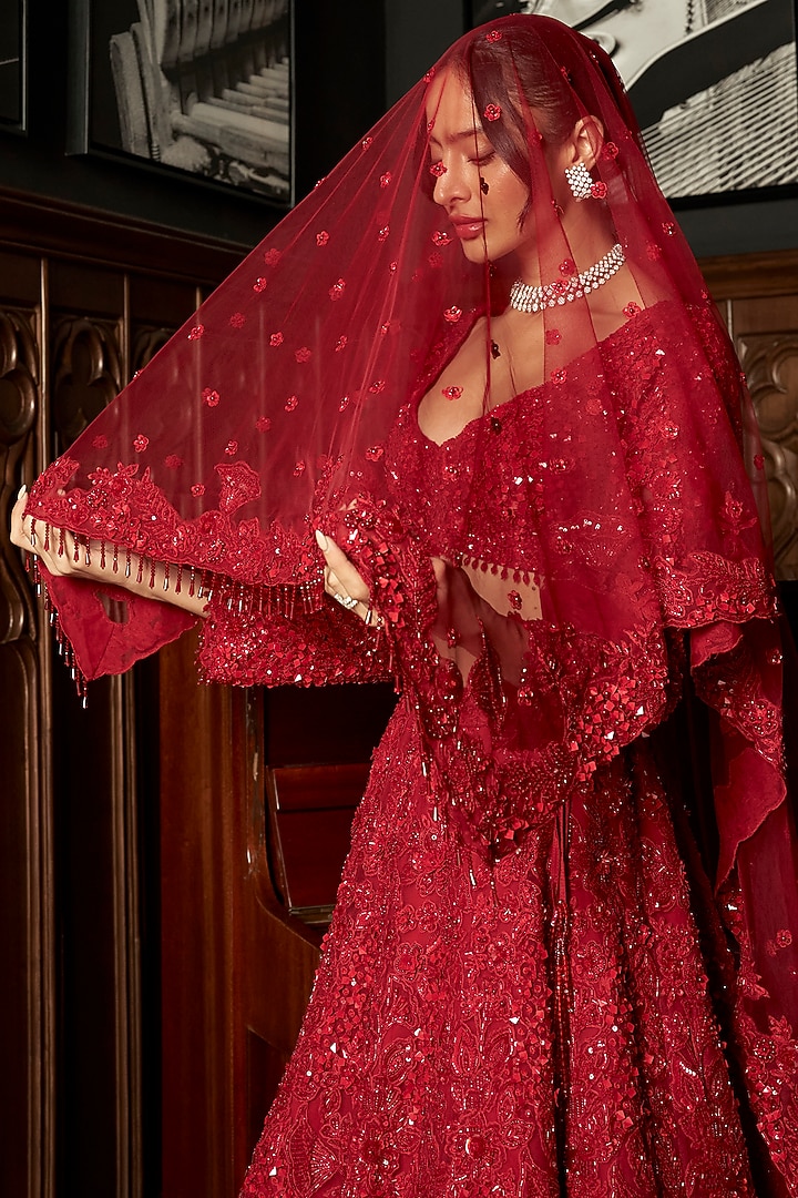 Red Net Sequins Embroidered Bridal Lehenga Set by ISTYA at Pernia's Pop Up Shop
