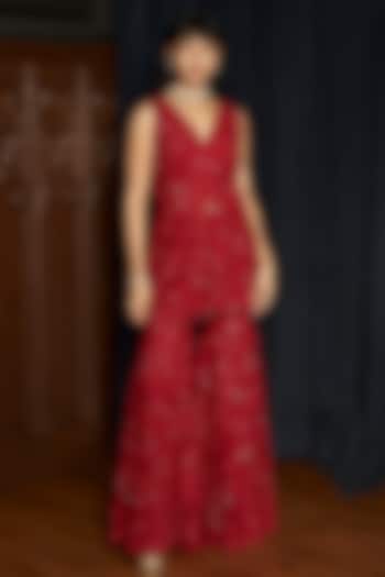 Red Net Sequins Embroidered Bridal Sharara Set by ISTYA at Pernia's Pop Up Shop