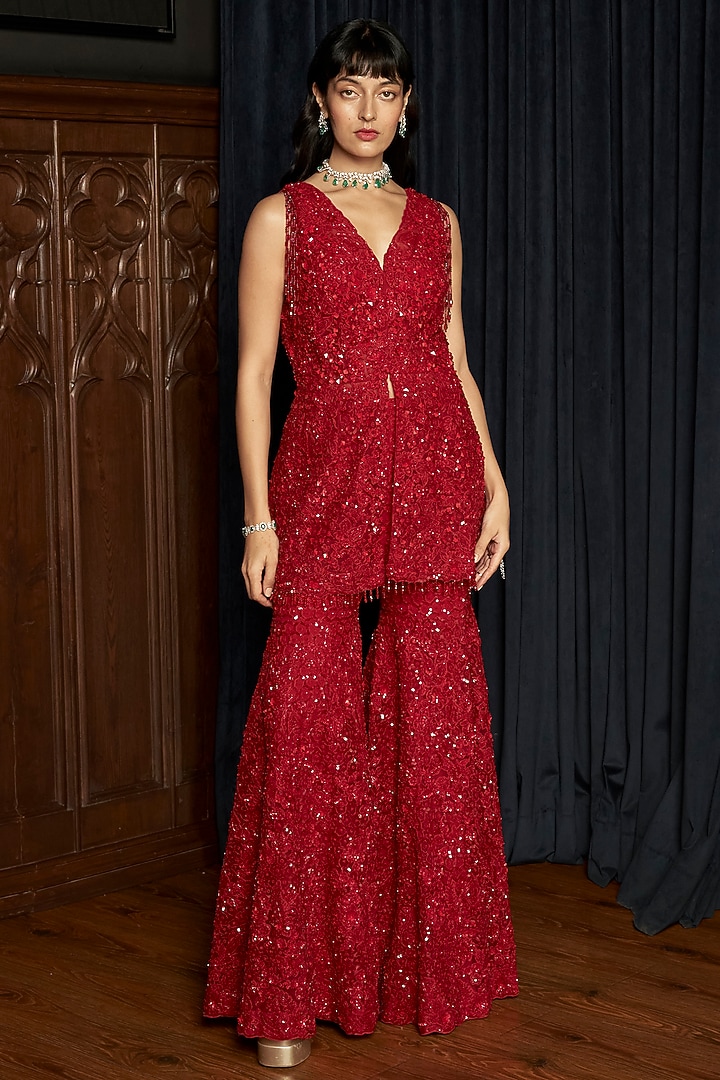 Red Net Sequins Embroidered Bridal Sharara Set by ISTYA at Pernia's Pop Up Shop