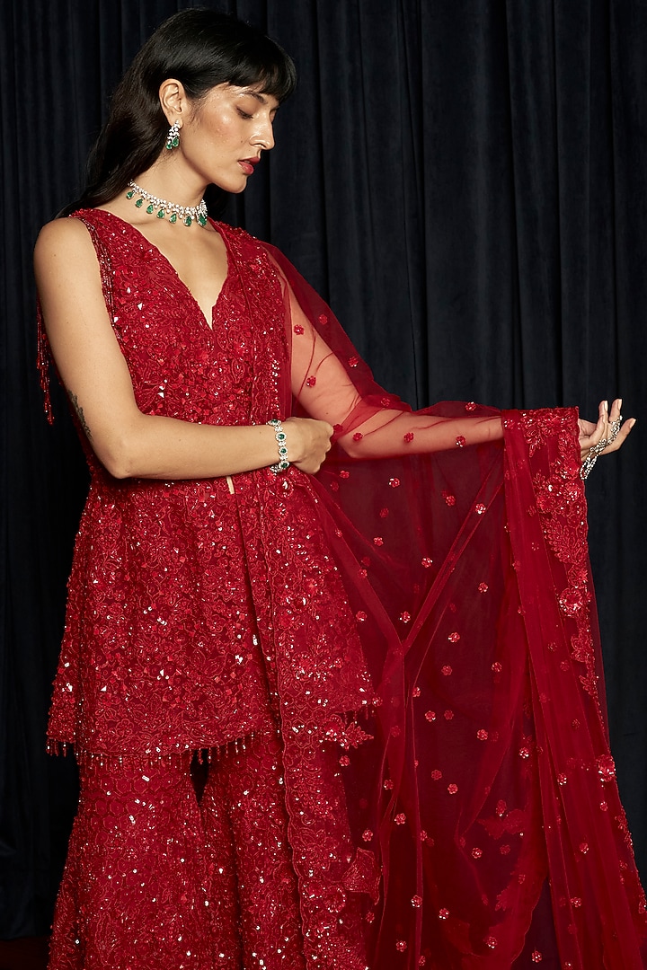 Red Net Sequins Embroidered Bridal Sharara Set by ISTYA at Pernia's Pop Up Shop