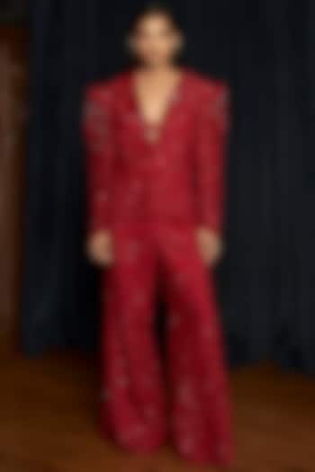 Red Net Embroidered Jacket Set by ISTYA at Pernia's Pop Up Shop